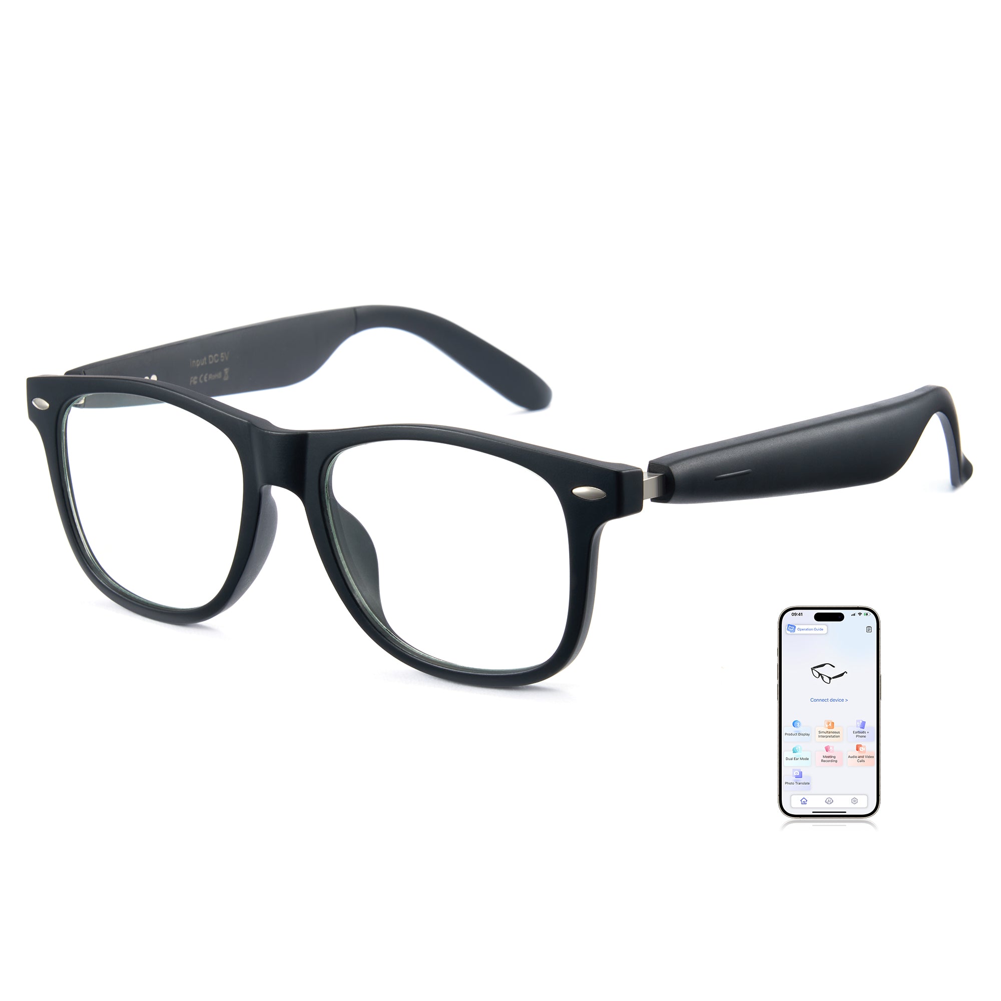 Cyxus smart glasses 8284 with smartphone app interface on a white background