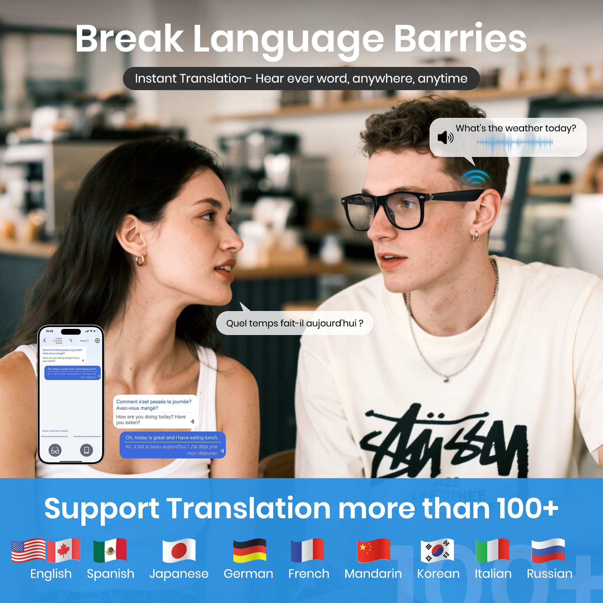 Two people conversing with a Cyxus smart glasses smartphone app for instant translation in a coffee.