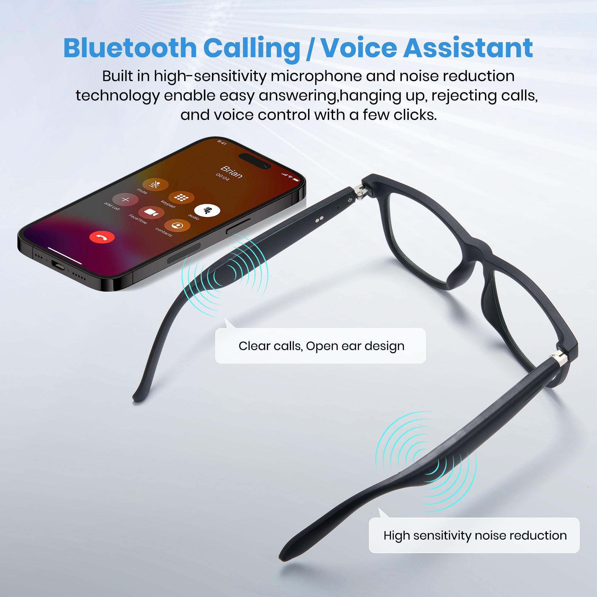 Cyxus Smart glasses 8284 with Bluetooth calling and voice assistant features on a light gray background