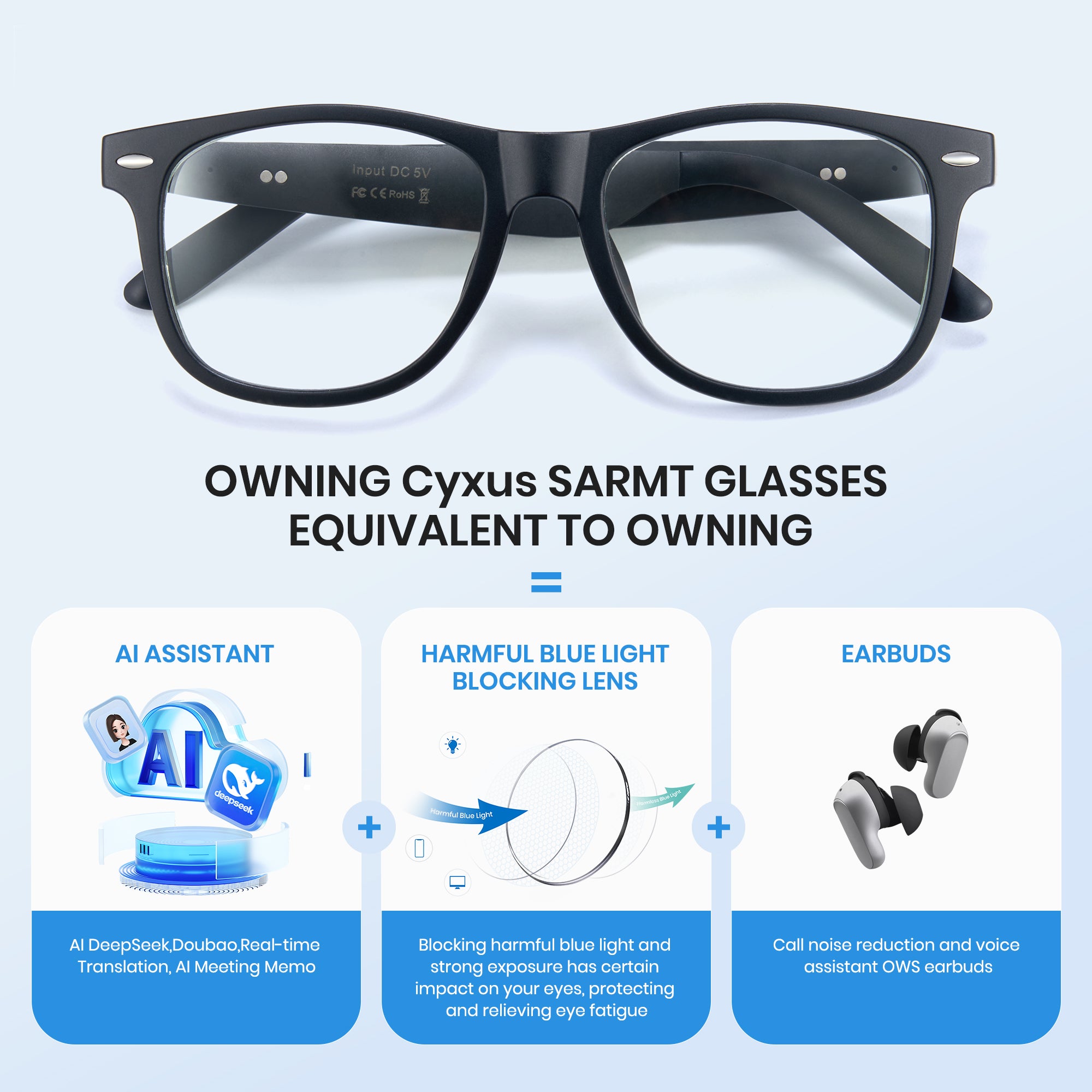 Cyxus smart glasses with features highlighted on a blue background