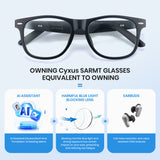 Cyxus smart glasses with features highlighted on a blue background