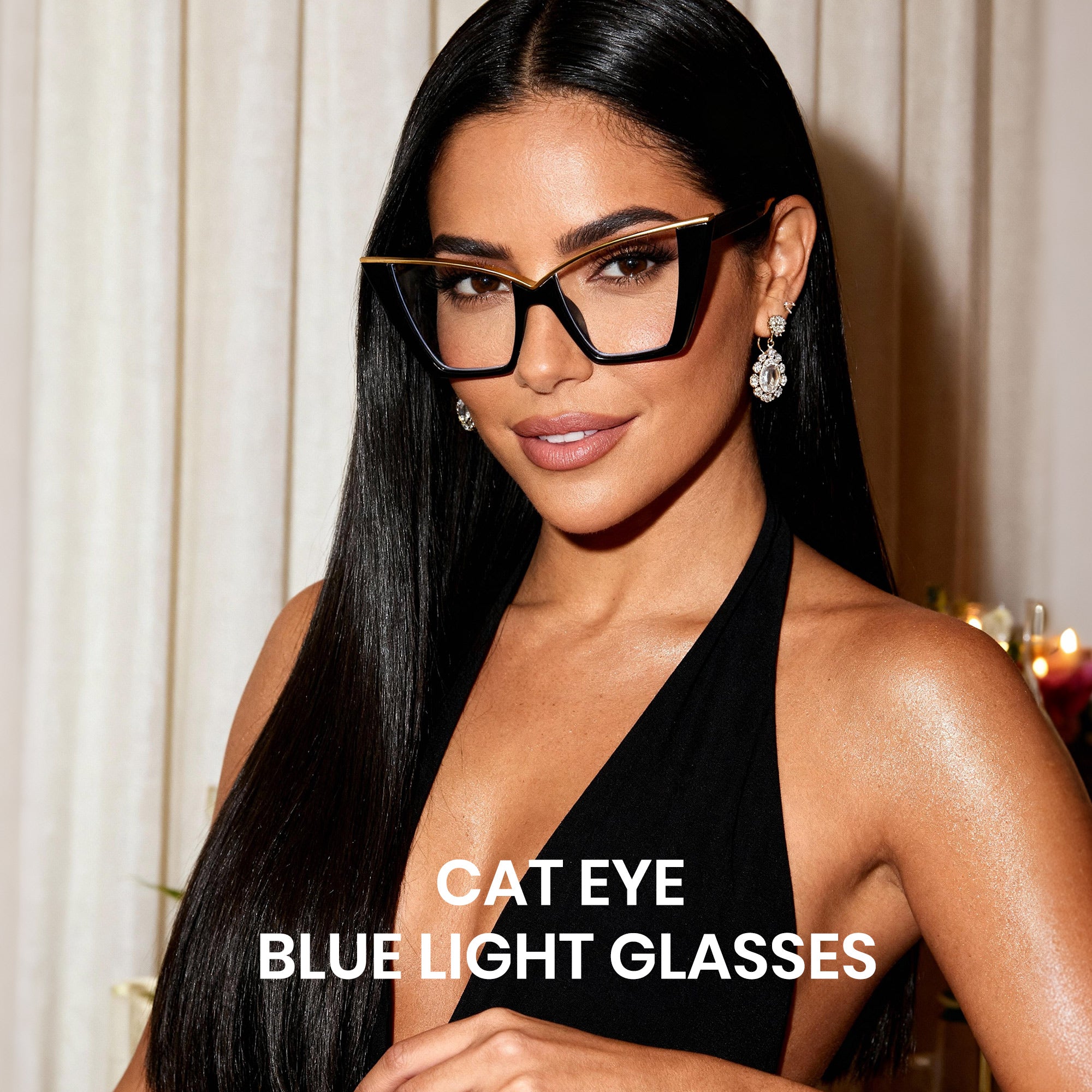 Woman wearing black eyewear with 'Cyxus Eyewear' logo