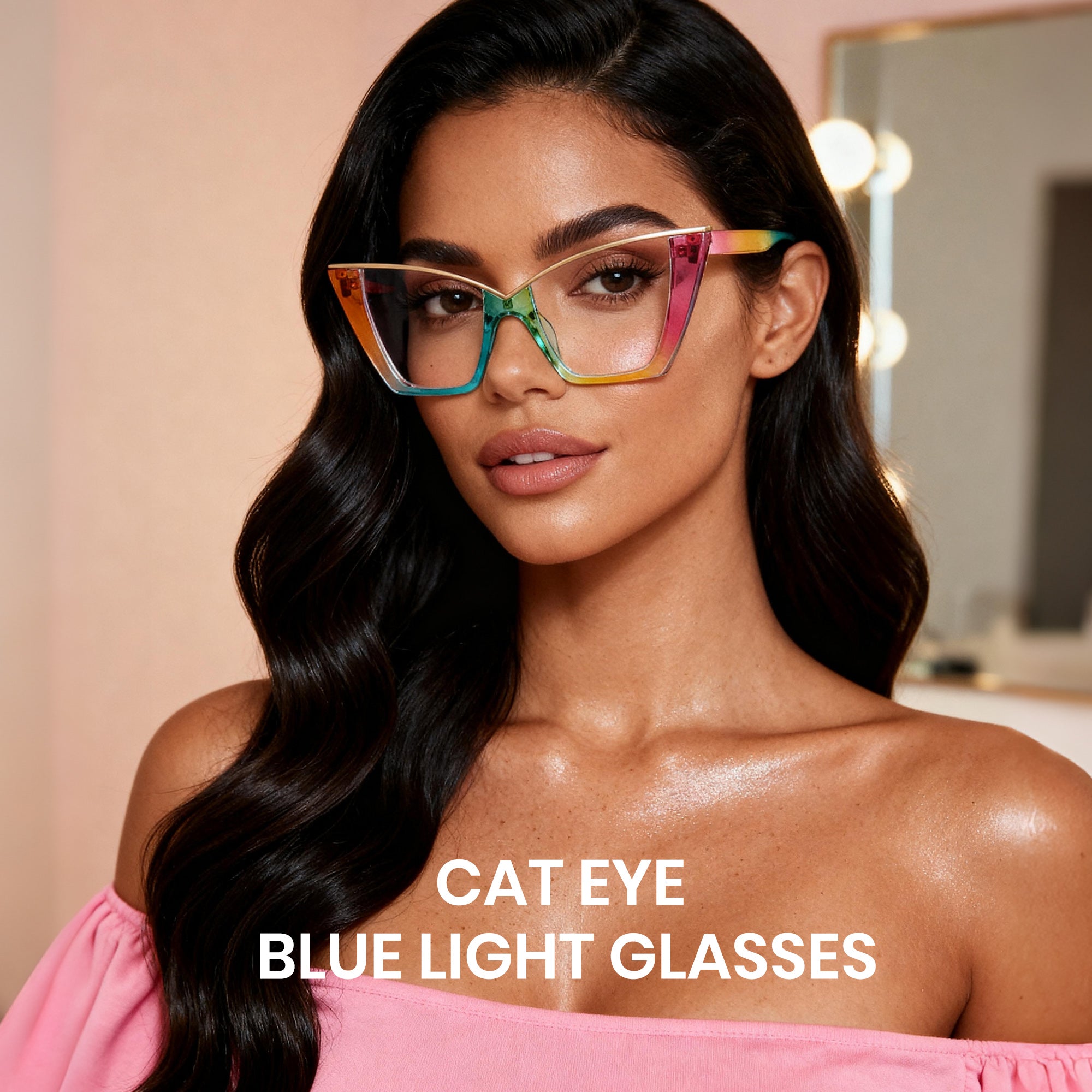 Woman wearing colorful cat-eye blue light glasses with a blurred background