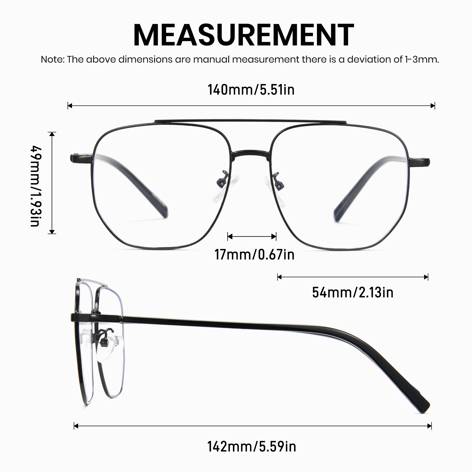 Measurement for Cyxus TR90 Double Bridge Aviator Computer Glasses 8299