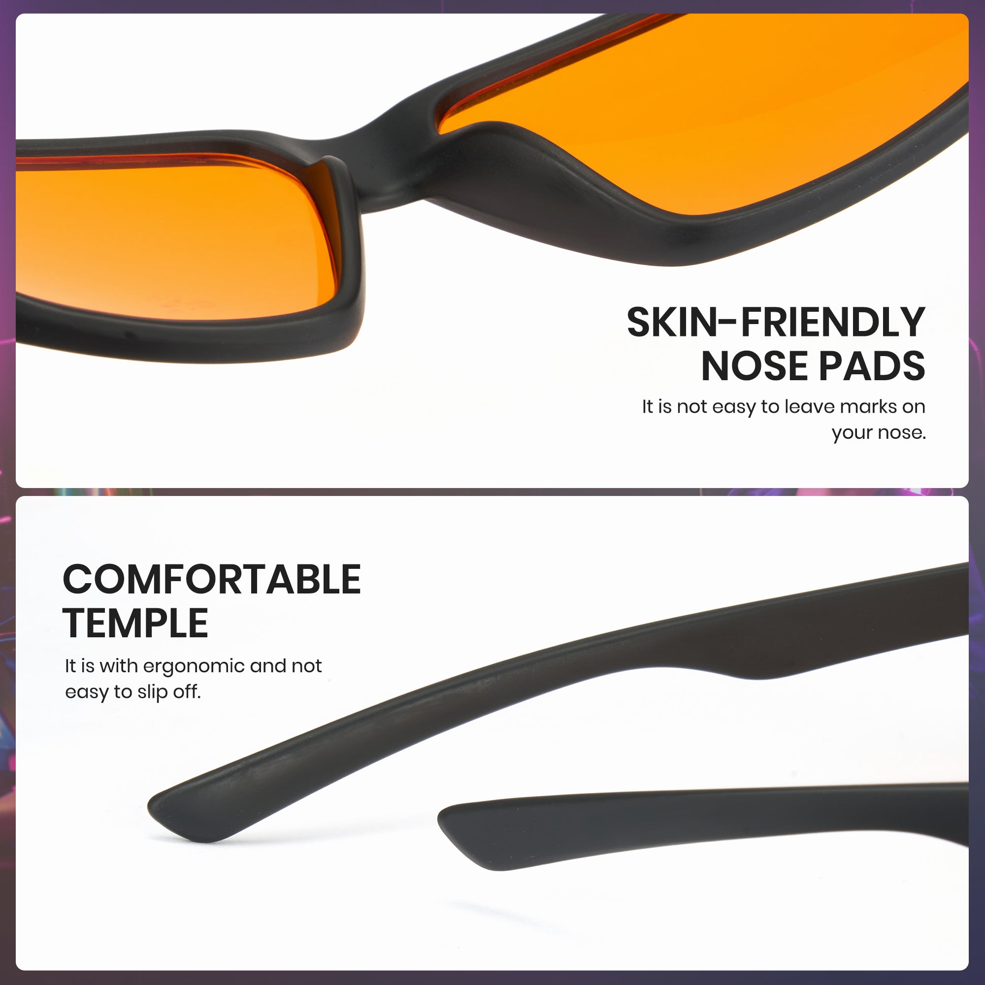 Glasses with skin-friendly nose pads and comfortable temple design on a white background.