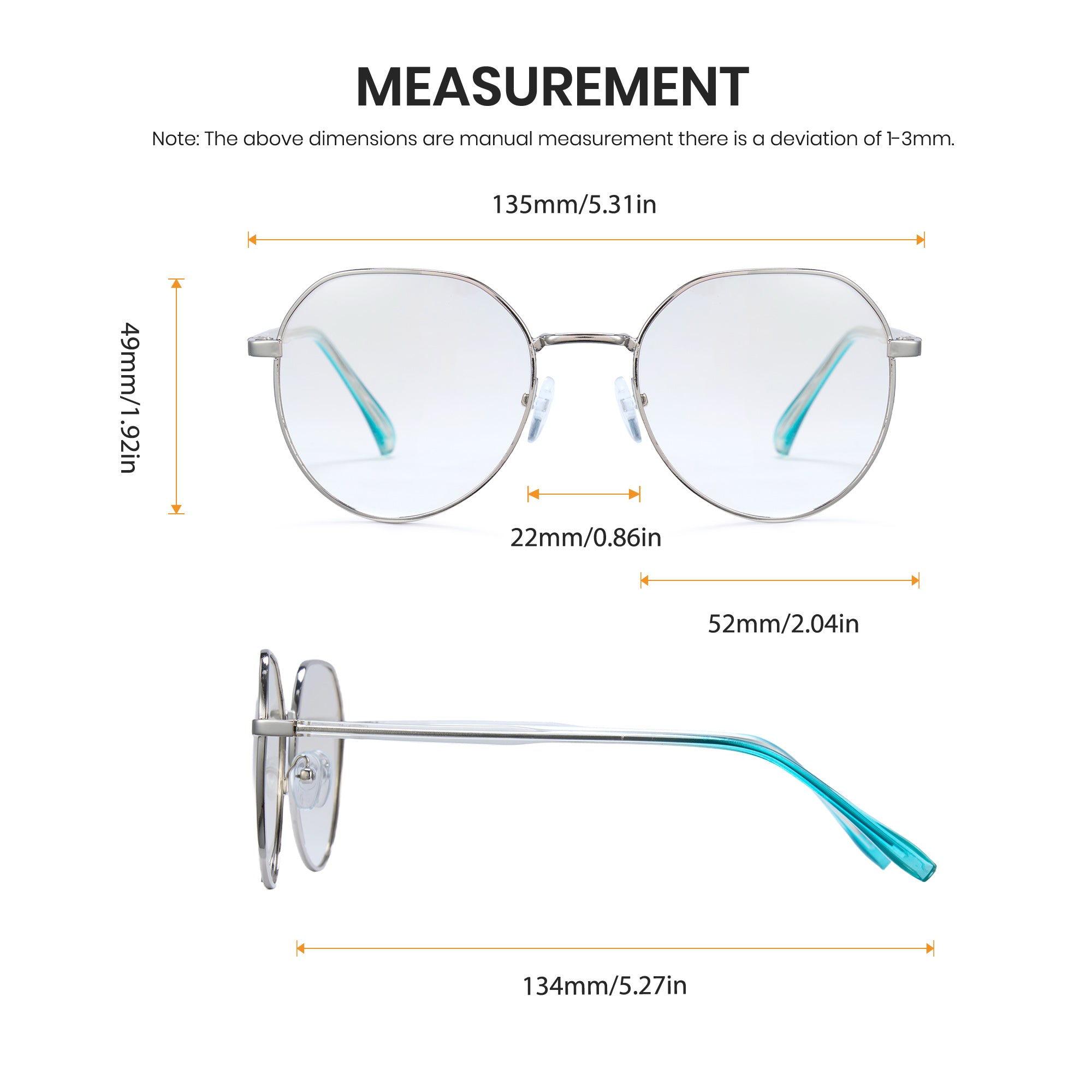 Measurement chart of round photochromic eyeglasses with dimensions labeled on a white background
