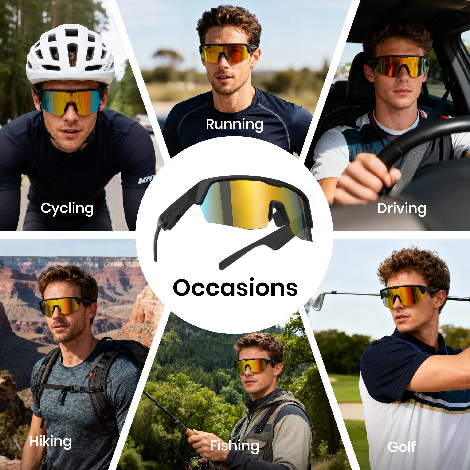 Collage of a man wearing sunglasses for various activities with text labels.