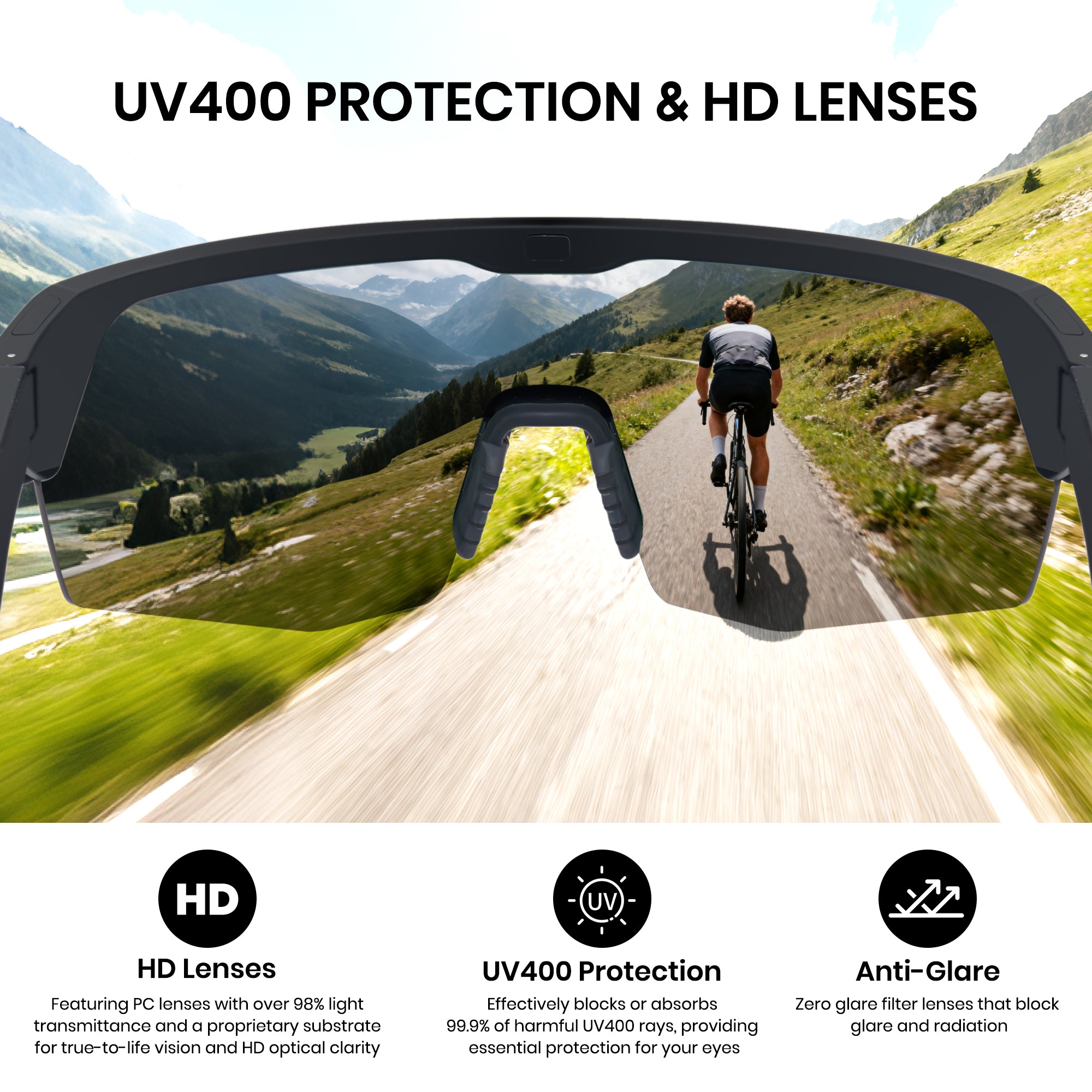 Sunglasses with UV400 protection and HD lenses, featuring a cyclist on a mountain road.