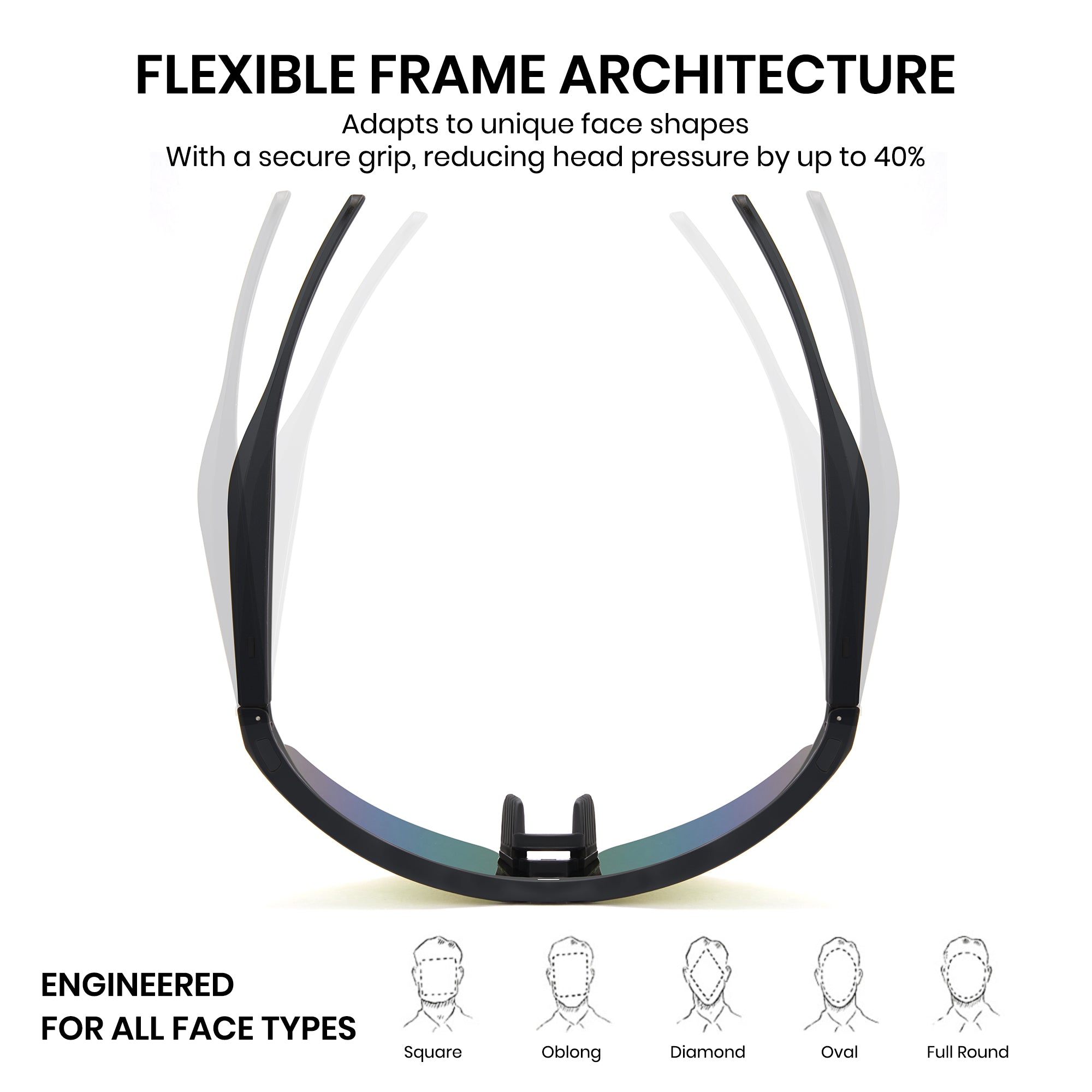 Glasses frame with flexible architecture on a white background