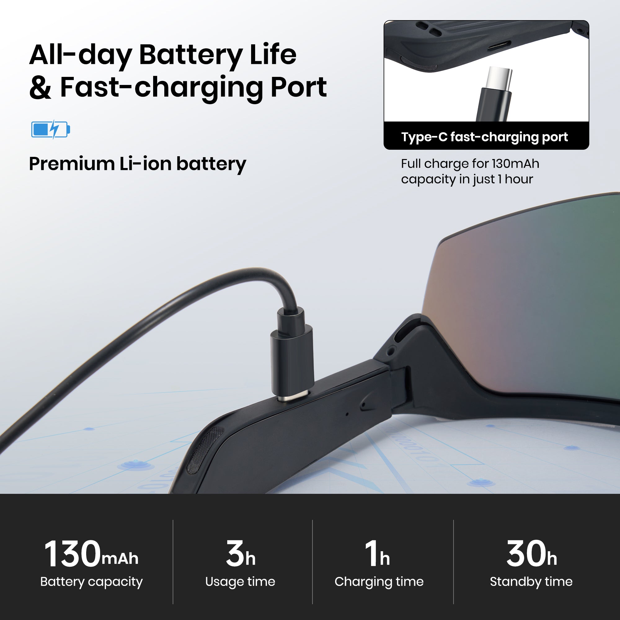 Goggles with a charging cable and battery information on a gray background