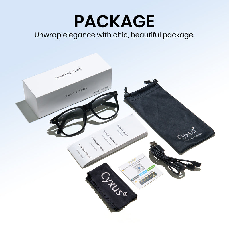 Cyxus smart glasses package with glasses, box, cleaning cloth, and USB cable on a light blue background.