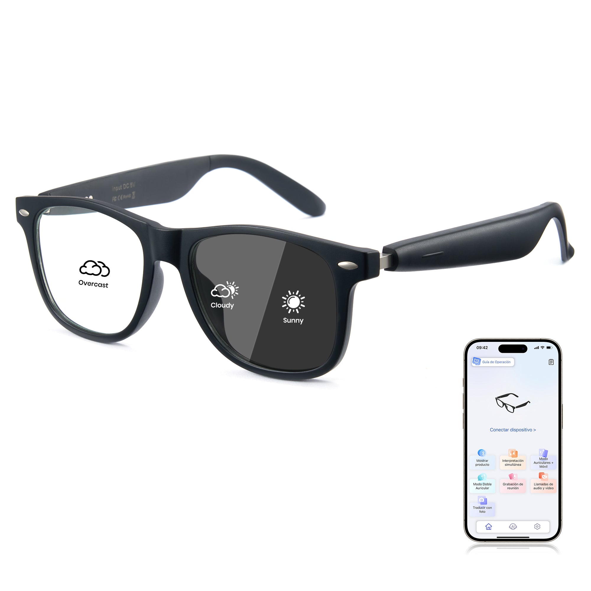 Smart glasses AI8284 Photochromic lens with weather display icons and a smartphone app on a white background