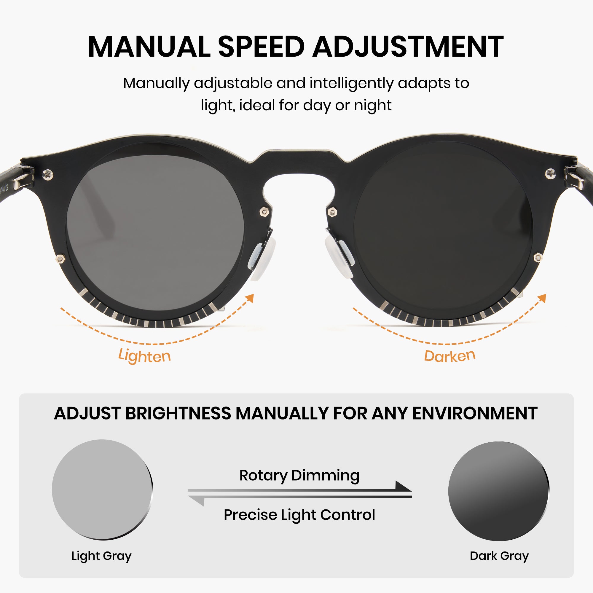 Sunglasses with manual speed adjustment and brightness control features on a white background.