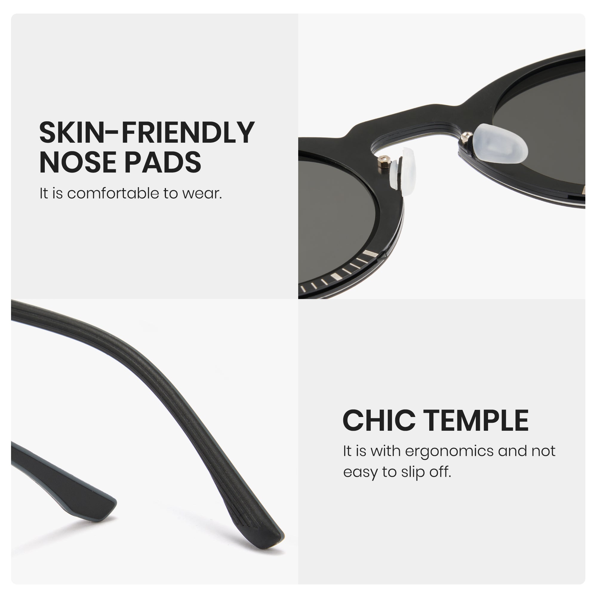 Sunglasses with text highlighting skin-friendly nose pads and chic temple design on a white background