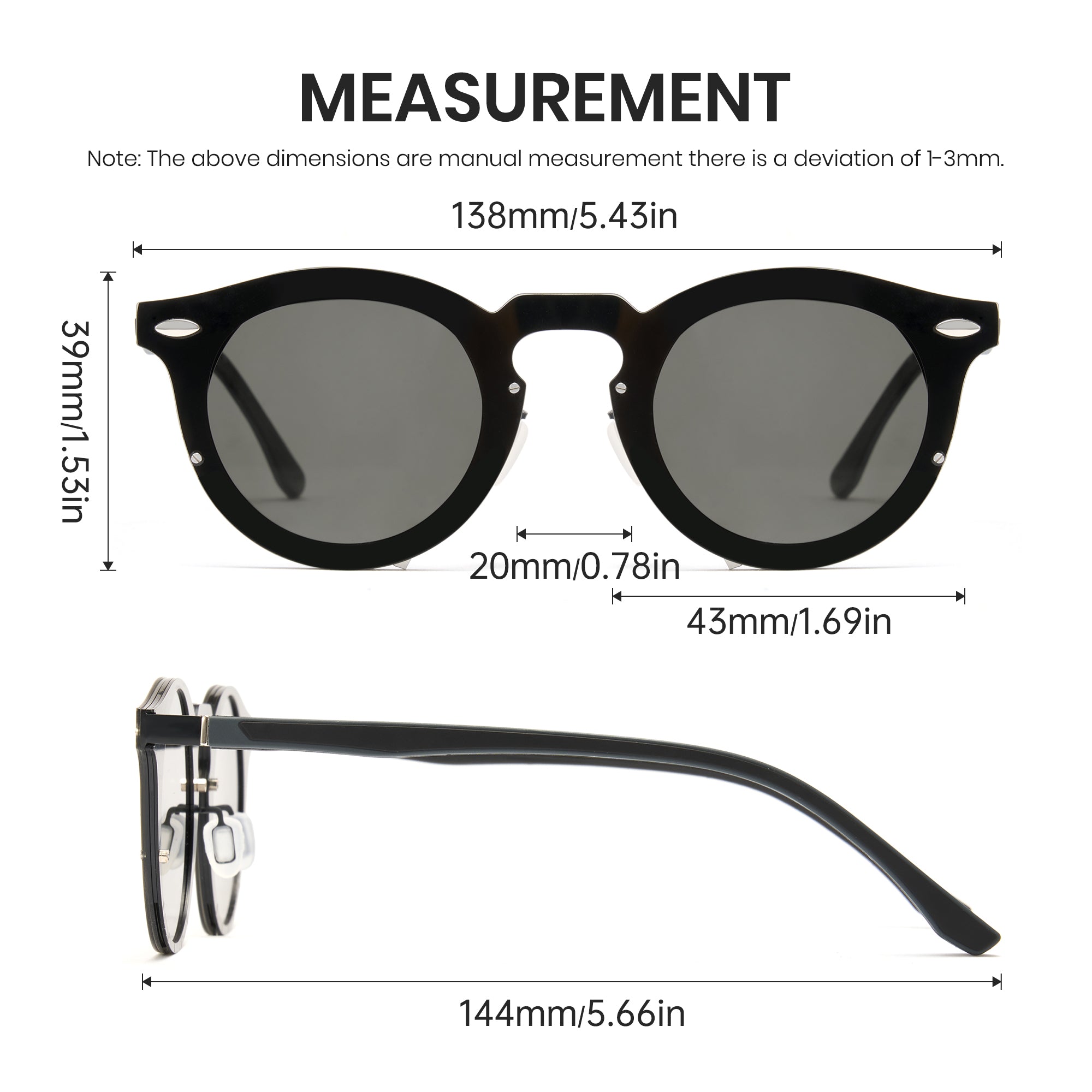 Sunglasses with dimensions labeled on a white background