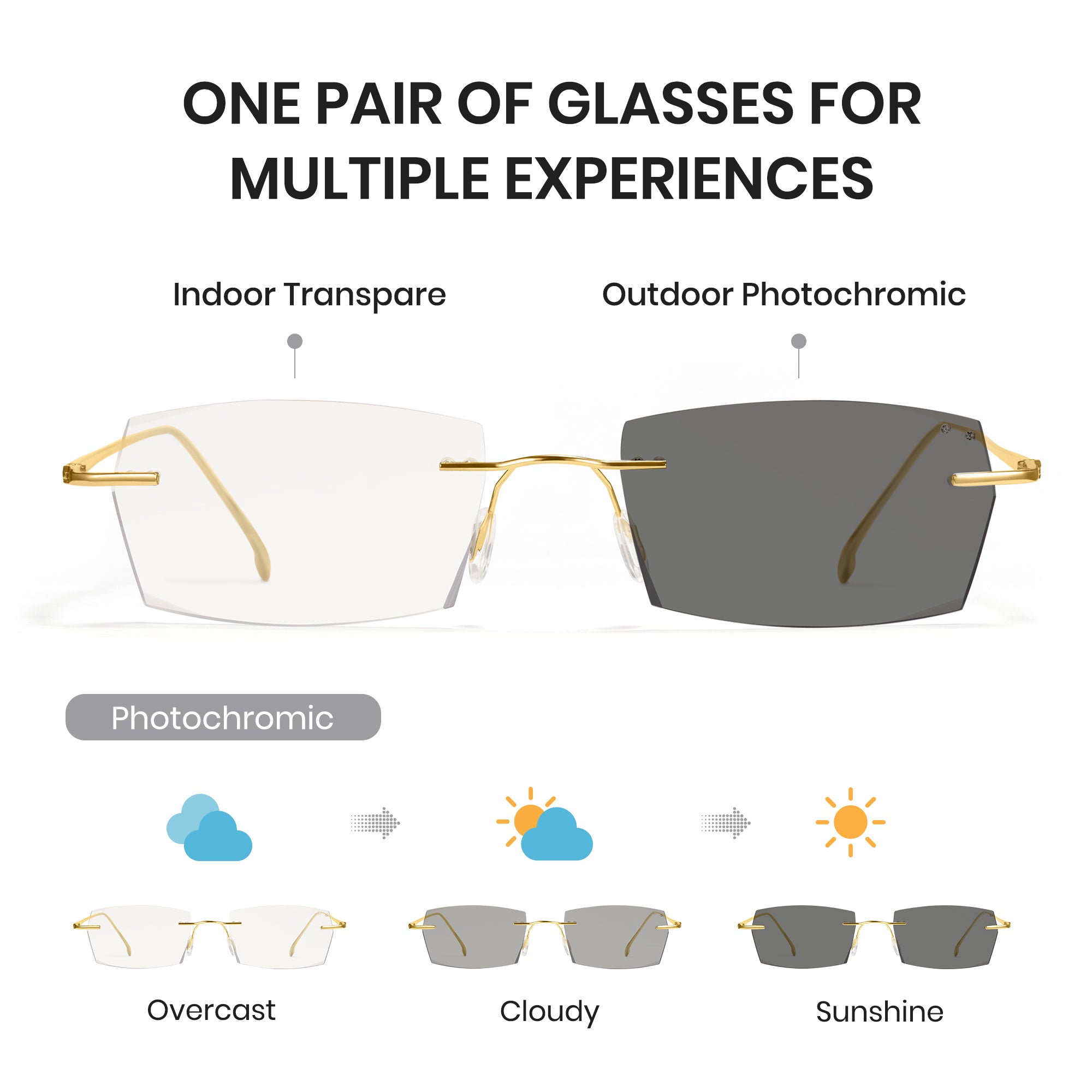 Cyxus Rimless Square Photochromic Glasses 8127