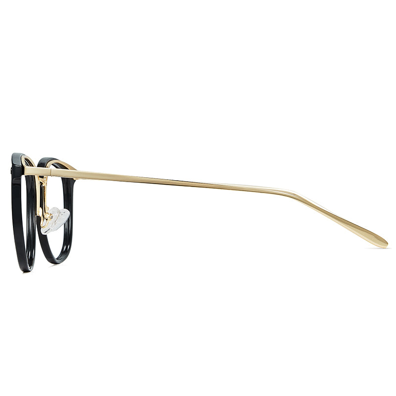 Bright black glasses frame and gold glasses temples
