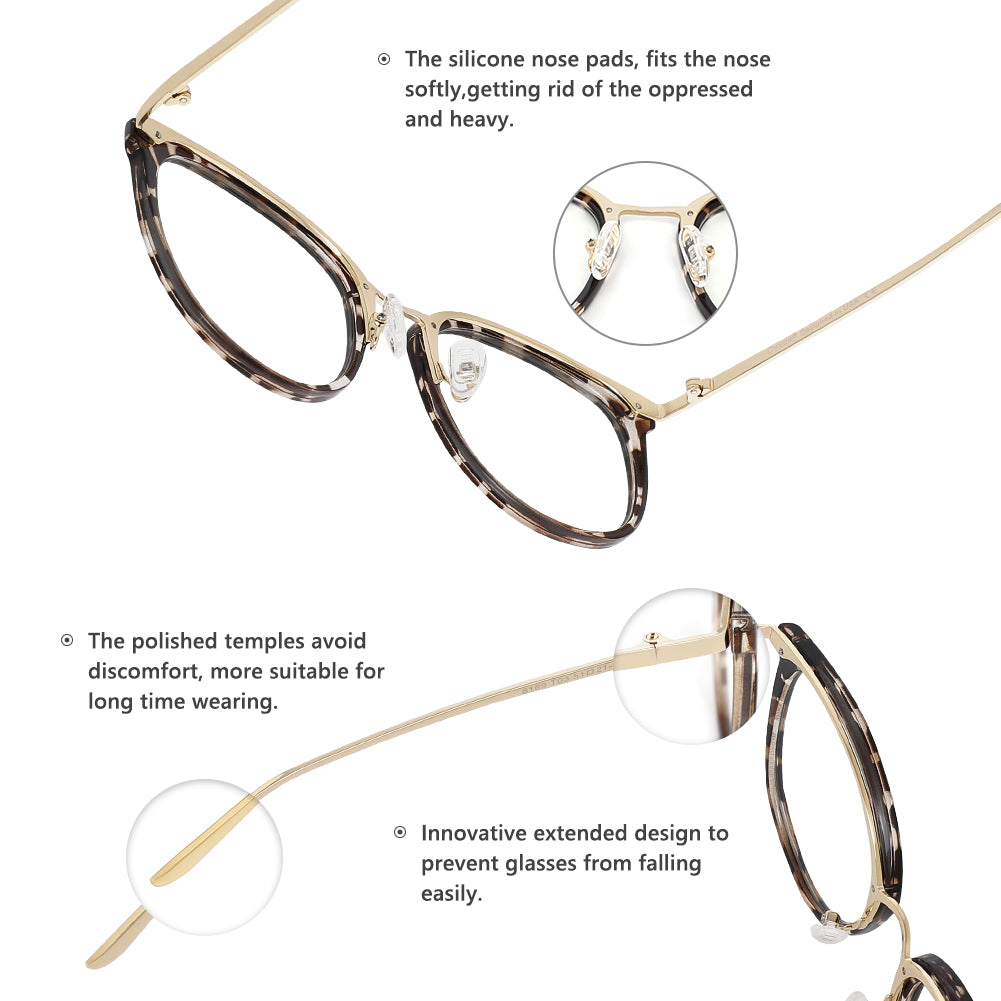 The silicone nose pads, fits the nose softly,getting rid of the oppressed and heavy. The polished temples avoid discomfort, more suitable for long time wearing. Innovative extended design to prevent glasses from falling easily.