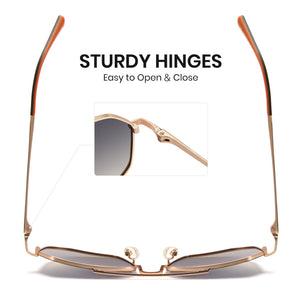 Cyxus Polarized Sunglasses P1021W06 with rose gold frame on a white background, highlighting 'Sturdy Hinges' feature.