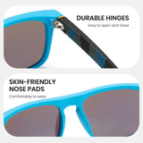 Blue sunglasses with text highlighting durable hinges and skin-friendly nose pads on a white background