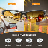 Sunglasses with day and night vision lenses displayed on a road scene.
