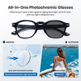 All-in-One Photochromic Glasses with text about blue light blocking and UV protection, displayed on a white background.