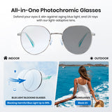 All-in-One Photochromic Glasses with text about blue light blocking and UV protection.