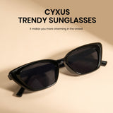 Black sunglasses on a beige background with 'CYXUS' branding.