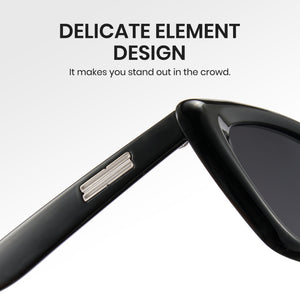 Black sunglasses with a close-up of the frame on a white background, featuring text about delicate element design.