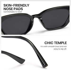 Black sunglasses with text highlighting skin-friendly nose pads and chic temple design on a white background.