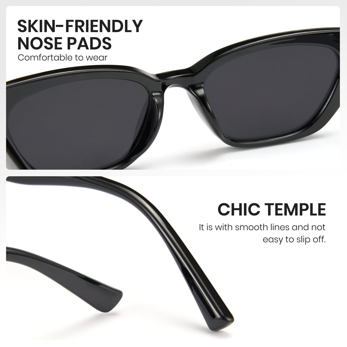 Black sunglasses with text highlighting skin-friendly nose pads and chic temple design on a white background.