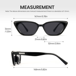 Black cat-eye sunglasses with measurements on a white background
