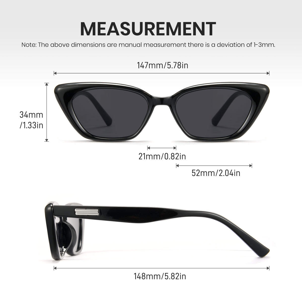 Black cat-eye sunglasses with measurements on a white background