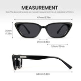 Black cat-eye sunglasses with measurements on a white background