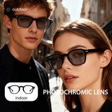 Two people wearing sunglasses with photochromic lenses, one labeled 'outdoor' and the other 'indoor'.
