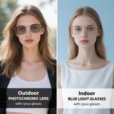 Two women wearing different types of glasses with text labels on a split background.