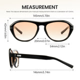 Sunglasses with dimensions labeled on a white background