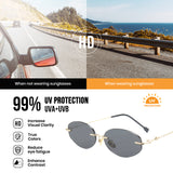 Sunglasses with UV protection feature on a scenic road background