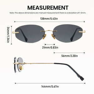 Measurement chart of rimless sunglasses with dimensions on a white background