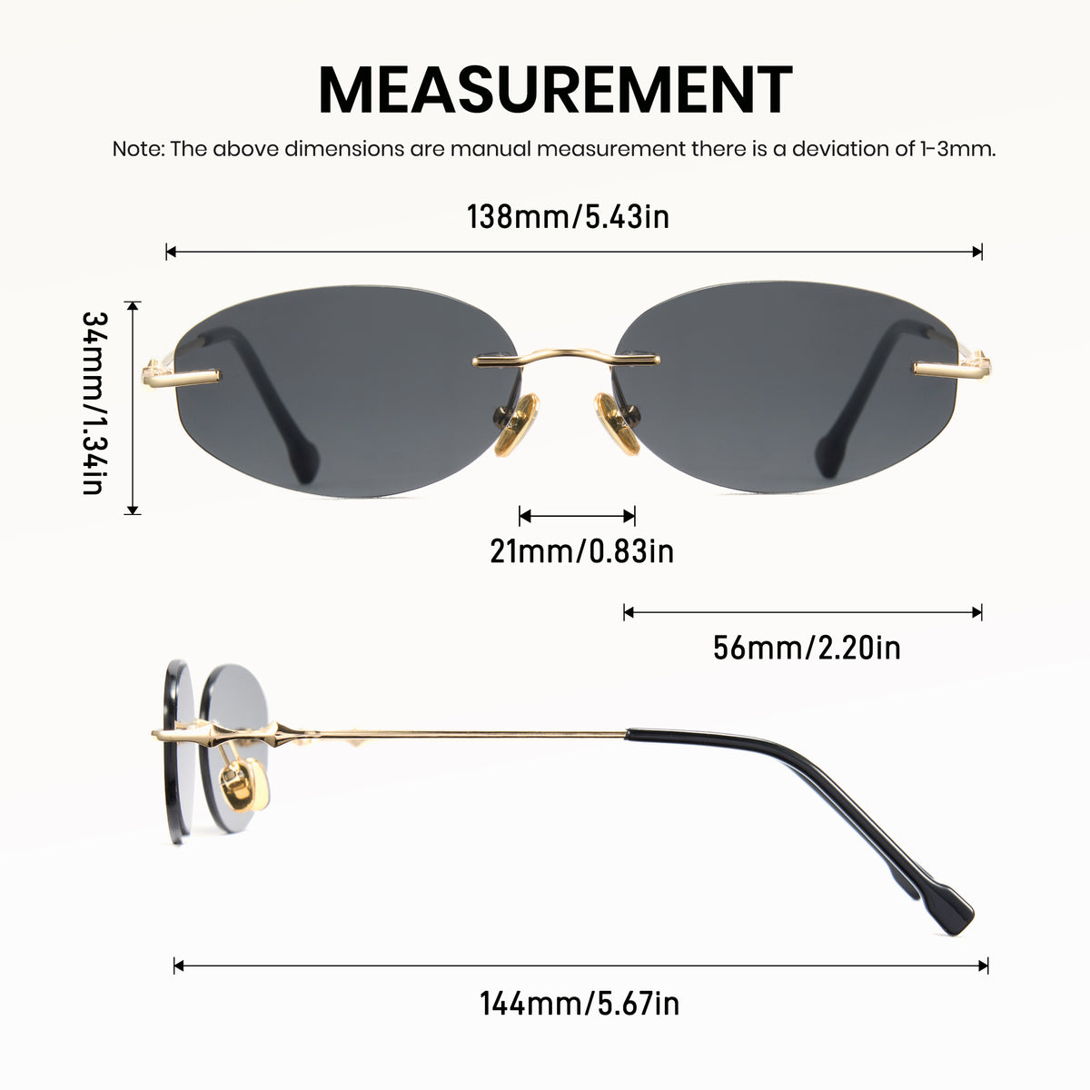 Measurement chart of rimless sunglasses with dimensions on a white background
