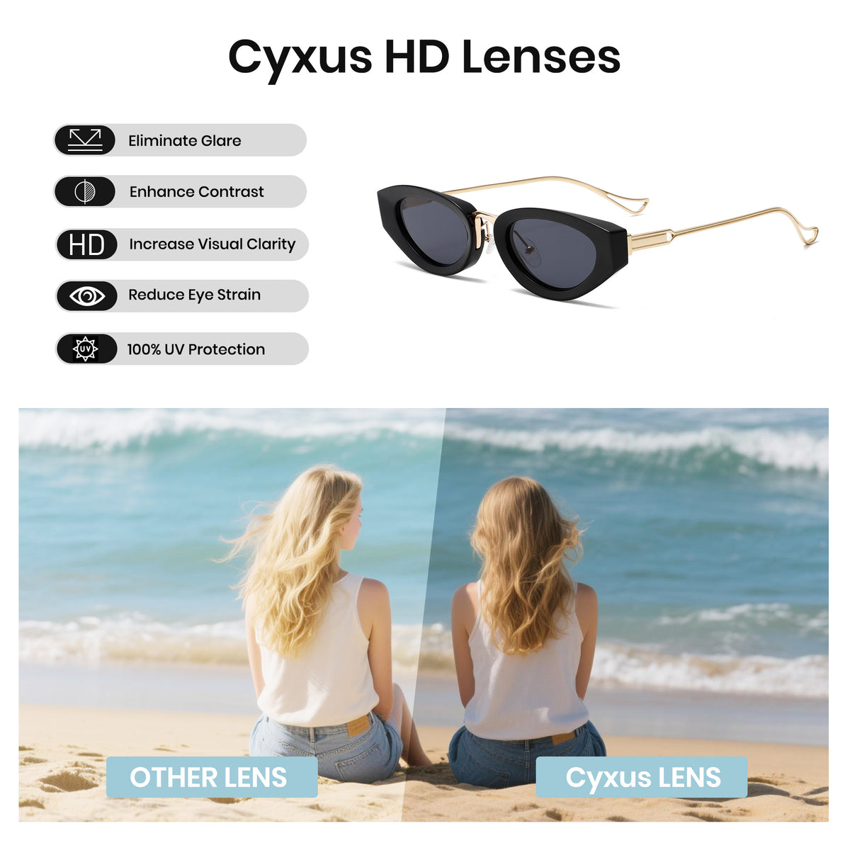oval black gold sunglasses black lenses non-polarized PC frame metal temples daily commuting casual driving