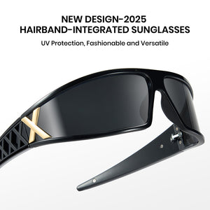 Black hairband-integrated sunglasses with UV protection on a white background