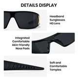 Black sunglasses with features highlighted on a white background