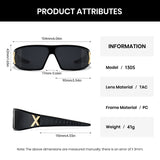Sunglasses with dimensions and product attributes displayed on a white background