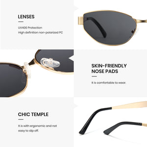 Sunglasses with UV400 protection, skin-friendly nose pads, and chic temple design on a white background.