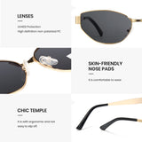 Sunglasses with UV400 protection, skin-friendly nose pads, and chic temple design on a white background.