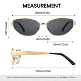 Sunglasses with dimensions labeled on a white background