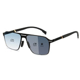 Men double bridge photochromic sunglasses matte black metal frame blue photochromic lens, 21.1g ultra‑light no‑screw spring hinge no‑pinch fit
