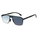 Men double bridge photochromic sunglasses matte black metal frame blue photochromic lens, 21.1g ultra‑light no‑screw spring hinge no‑pinch fit