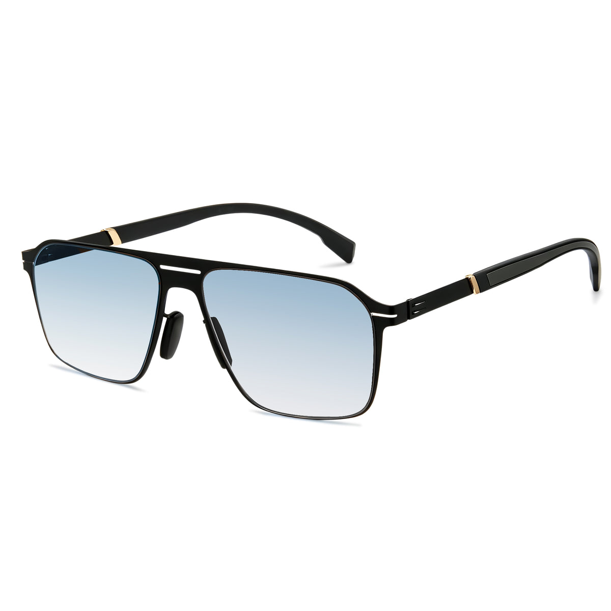 Men double bridge photochromic sunglasses matte black metal frame blue photochromic lens, 21.1g ultra‑light no‑screw spring hinge no‑pinch fit